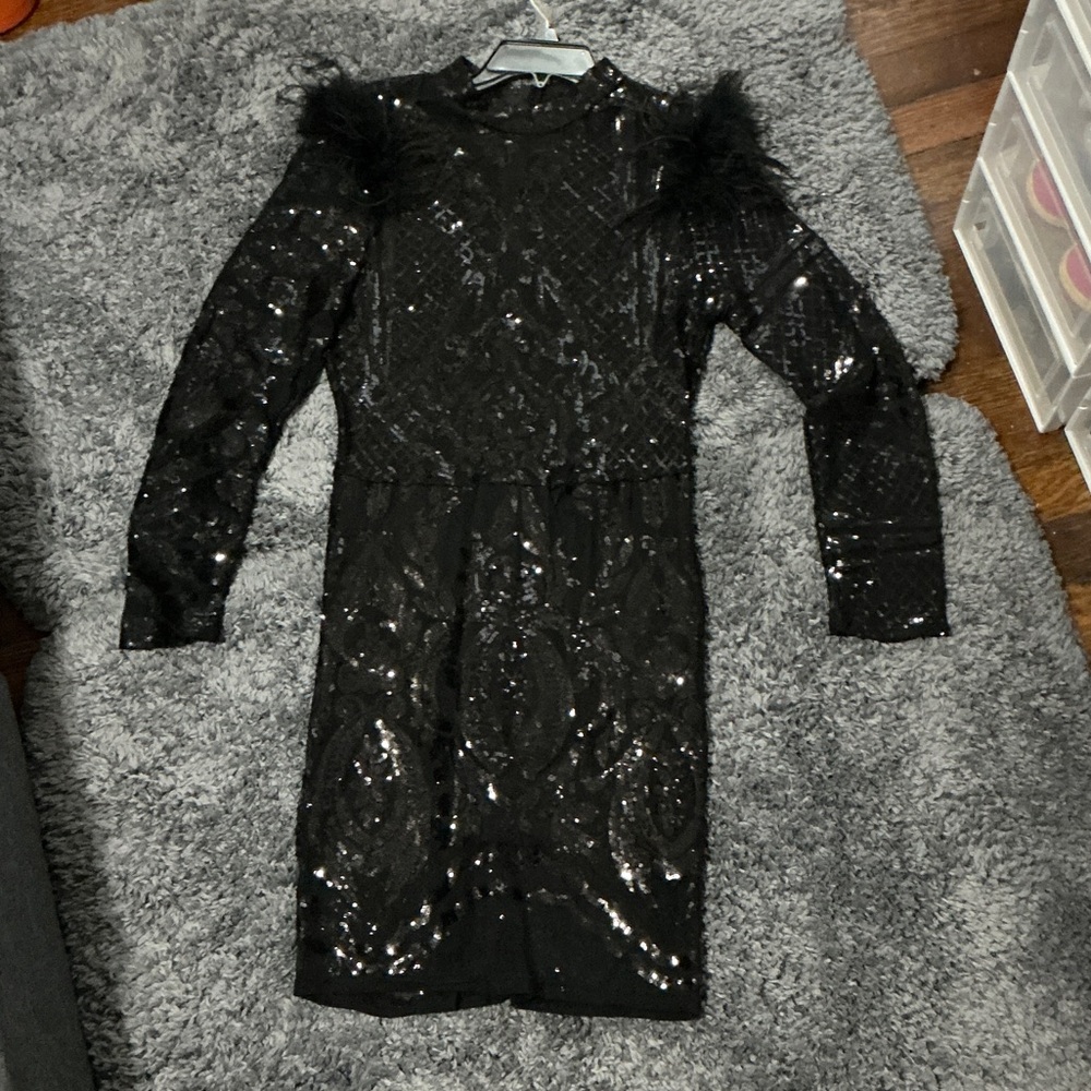 Black Sequin Dress with Feather Accents